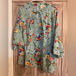 Orange and Red Boxy Blouse with 3/4 Sleeves and Mandarin Collar